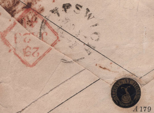 143885 1841 ONE PENNY MULREADY ENVELOPE IPSWICH TO DUBLIN, WAFER SEAL ON REVERSE.