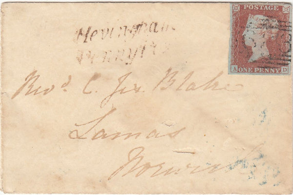 143889 1849 MAIL LAVENHAM, SUFFOLK TO NORWICH 1d (SG8) 'LAVENHAM' UDC AND 'Hevingham/Penny Post' HANDSTAMP.