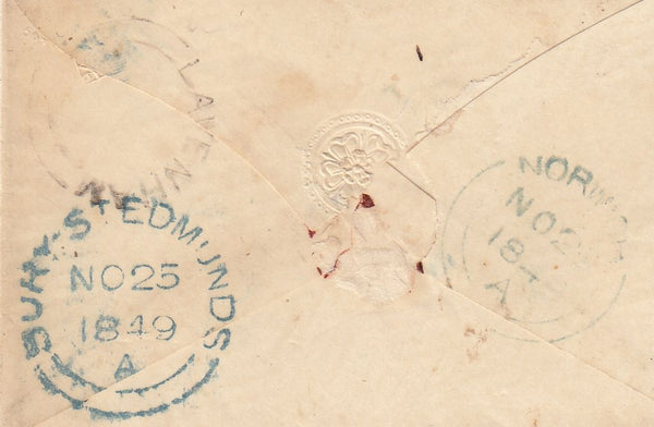 143889 1849 MAIL LAVENHAM, SUFFOLK TO NORWICH 1d (SG8) 'LAVENHAM' UDC AND 'Hevingham/Penny Post' HANDSTAMP.