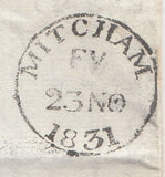 143890 1831 MAIL MITCHAM, SURREY TO BASINGSTOKE WITH 'Up.Mitcham/2py P.Paid' AND 'MITCHAM/EV' HANDSTAMPS.