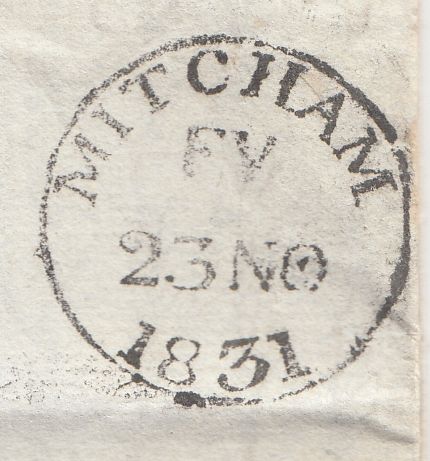 143890 1831 MAIL MITCHAM, SURREY TO BASINGSTOKE WITH 'Up.Mitcham/2py P.Paid' AND 'MITCHAM/EV' HANDSTAMPS.