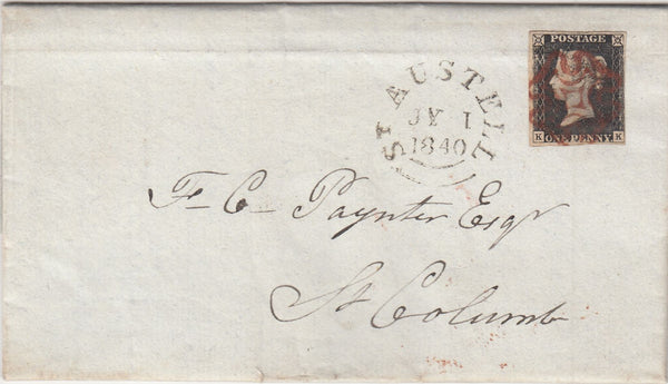 143891 1840 MAIL TREGONY, CORNWALL TO ST. COLUMB 1d GREY-BLACK PL.2 (SG3)(KK).