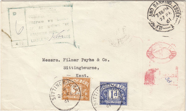 143892 1961 UNPAID MAIL ILFORD AND BARKING, ESSEX TO SITTINGBOURNE, KENT WITH POSTAGE DUES.