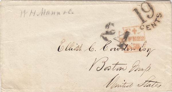 143893 1850 MAIL LONDON TO BOSTON U.S.A. POSTED UNPAID? WITH U.S. CHARGEMARKS.