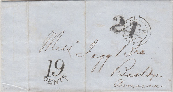 143894 1849 UNPAID MAIL LIVERPOOL TO BOSTON, AMERICA WITH U.S.A. CHARGEMARKS.