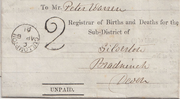 143895 1861 PRINTED 'MEDICAL CERTIFICATE OF SUCCESSFUL VACCINATION' SILVERTON, DEVON TO BRADNINCH POSTED UNPAID WITH '2' CHARGEMARK OF CULLOMPTON.