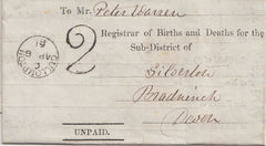 143895 1861 PRINTED 'MEDICAL CERTIFICATE OF SUCCESSFUL VACCINATION' SILVERTON, DEVON TO BRADNINCH POSTED UNPAID WITH '2' CHARGEMARK OF CULLOMPTON.