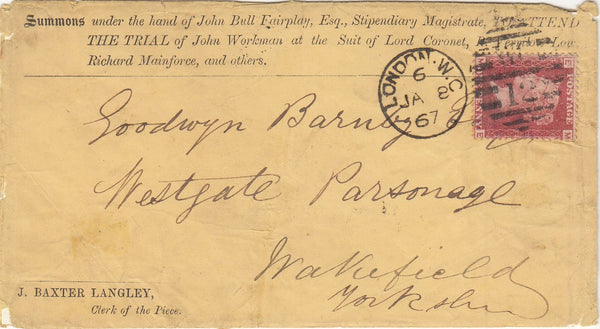 143901 1867 ADVERTISING ENVELOPE LONDON TO WAKEFIELD 1d PL.80 (SG43), ENVELOPE ADVERTISING A  SATIRICAL PLAY ABOUT SOCIAL CONDITIONS.