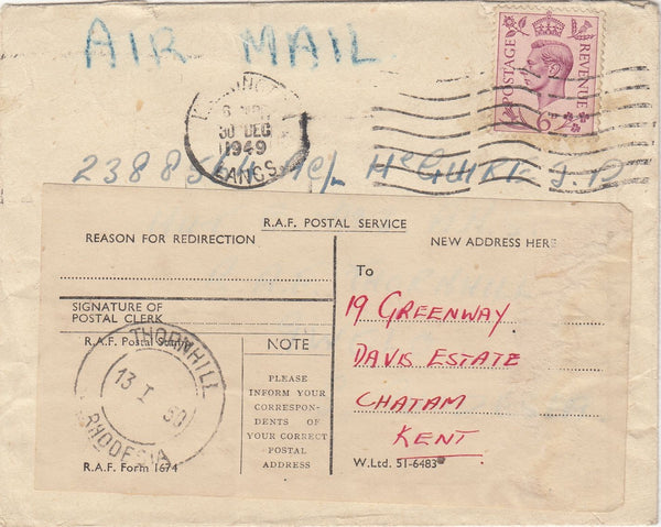 143904 1949 AIRMAIL WARRINGTON, LANCS TO GWELO, SOUTHERN RHODESIA WITH 'R.A.F. POSTAL SERVICE' REDIRECTION LABEL.