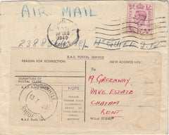 143904 1949 AIRMAIL WARRINGTON, LANCS TO GWELO, SOUTHERN RHODESIA WITH 'R.A.F. POSTAL SERVICE' REDIRECTION LABEL.