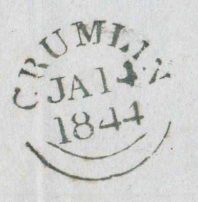 143909 1844 MAIL CRUMLIN, COUNTY ANTRIM TO DUBLIN 1d PL.40 (SG8) CRUMLIN MALTESE CROSS.