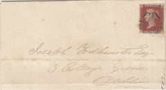 143910 1843 MAIL MONAGHAN TO DUBLIN 1d PL.37 (SG8)(RE) MONAGHAN MALTESE CROSS.