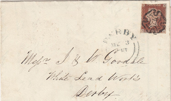 143931 1843 LARGE PART WRAPPER MANCHESTER TO DERBY 1d (SG8) MANCHESTER MALTESE CROSS.