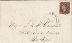 143931 1843 LARGE PART WRAPPER MANCHESTER TO DERBY 1d (SG8) MANCHESTER MALTESE CROSS.