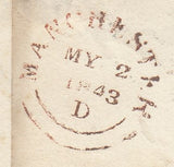143931 1843 LARGE PART WRAPPER MANCHESTER TO DERBY 1d (SG8) MANCHESTER MALTESE CROSS.