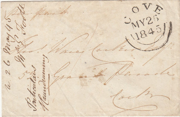 143937 1845 MAIL COVE TO CORK WITH WAFER SEAL 'Post Paid' .