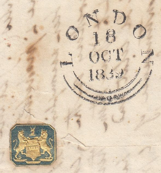 143940 1839 MAIL PISA, TUSCANY TO LONDON VARIOUS HANDSTAMP AND WAFER SEAL ON REVERSE.