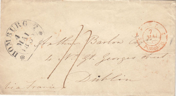 143941  1852 MAIL HOMBURG, GERMANY TO DUBLIN EMBOSSED IMAGE ON FLAP OF YOUNG LADY'S HEAD IN PROFILE.
