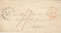 143941  1852 MAIL HOMBURG, GERMANY TO DUBLIN EMBOSSED IMAGE ON FLAP OF YOUNG LADY'S HEAD IN PROFILE.