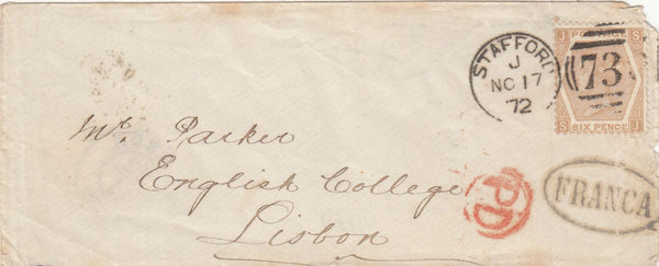 143942 1872 MAIL STAFFORD TO LISBON 6d PALE CHESTNUT PL.11 (SG122b).