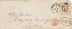 143942 1872 MAIL STAFFORD TO LISBON 6d PALE CHESTNUT PL.11 (SG122b).