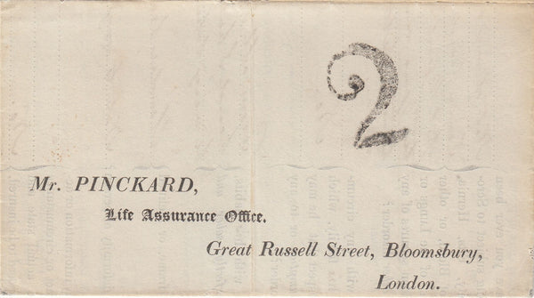 143944 1842 HEALTH QUESTIONNAIRE PORTSMOUTH TO LONDON, UNPAID WITH '2' UNIFORM PENNY POST CHARGEMARK OF PORTSMOUTH (HA1048).