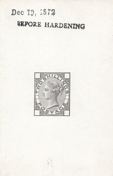 143947 1872 2s DIE PROOF PROPOSED CHANGE OF DESIGN WITH COLOURED CORNER LETTERS 'DEC 19 1872' AND 'BEFORE HARDENING'.