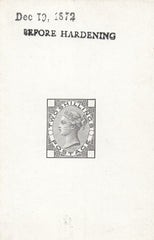 143947 1872 2s DIE PROOF PROPOSED CHANGE OF DESIGN WITH COLOURED CORNER LETTERS 'DEC 19 1872' AND 'BEFORE HARDENING'.