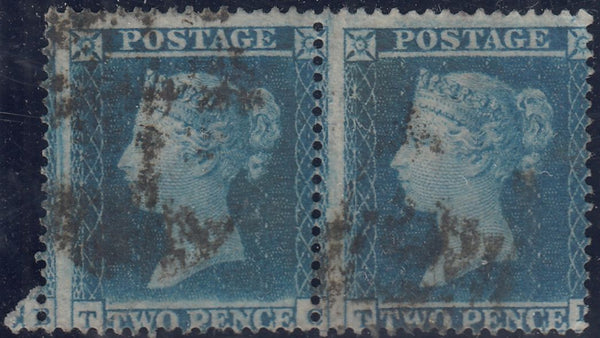 143966 1854 2d BLUE PL.4 S.C.16 (SG19) HORIZONTAL PAIR TC TD, TC STATE 2 (SPEC F1h), TD STATE 1), GOOD USED.