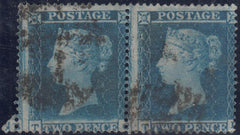 143966 1854 2d BLUE PL.4 S.C.16 (SG19) HORIZONTAL PAIR TC TD, TC STATE 2 (SPEC F1h), TD STATE 1), GOOD USED.