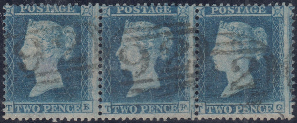 143973 1855 2d BLUE PL.4 S.C.14 (SG23) GOOD TO FINE USED STRIP OF THREE TE TF TG, TF AND TG STATE 2 (SPEC F2f).