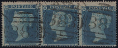 143979 1854 2d BLUE PL.4 S.C.16 (SG19) 'A' ROW HORIZONTAL STRIP OF THREE SHOWING VERY FINE MIS-ALIGNMENT OF PLATE.