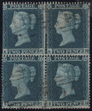 143982 1854 2d BLUE PL.4 S.C.16 (SG19) FINE USED BLOCK OF FOUR WITH 'BH SPECTACLES' VARIETY' (SPEC F1q) AND TWO STAMPS 'DOUBLE PERFORATION' (SPEC F1e).