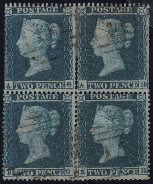 143982 1854 2d BLUE PL.4 S.C.16 (SG19) FINE USED BLOCK OF FOUR WITH 'BH SPECTACLES' VARIETY' (SPEC F1q) AND TWO STAMPS 'DOUBLE PERFORATION' (SPEC F1e).