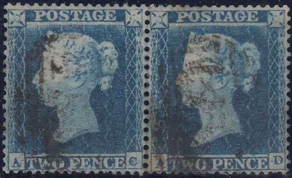 143991 1854 2d BLUE PL.4 HORIZONTAL PAIR S.C.16 (SG19)(AC AD BOTH STATE 2)SPEC F1h) FINE USED.
