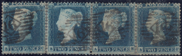 143992 1855 2d BLUE PL.4 S.C.14 (SG23) GOOD TO FINE USED STRIP OF FOUR AC AD AE AF ALL STATE 2 (SPEC F2f), SOME REINFORCEMENT OF PERFORATIONS.