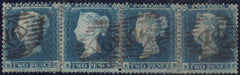 143992 1855 2d BLUE PL.4 S.C.14 (SG23) GOOD TO FINE USED STRIP OF FOUR AC AD AE AF ALL STATE 2 (SPEC F2f), SOME REINFORCEMENT OF PERFORATIONS.