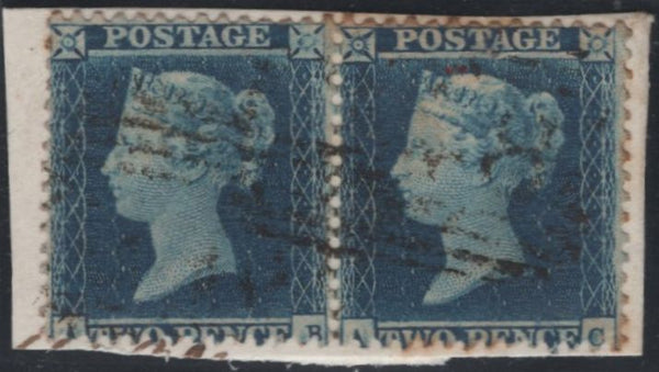 143998 1855 2d BLUE PL.4 HORIZONTAL PAIR S.C.14 (SG23)(AB AC BOTH STATE 3)(SPEC F2i) FINE USED ON SMALL PIECE, SHORT 'A' ROW STAMPS.