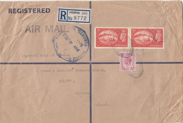 143999 1953 REGISTERED AIRMAIL LIVERPOOL TO ONTARIO, CANADA KGVI 6d AND 5s RED (SG510) X 2 .