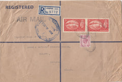 143999 1953 REGISTERED AIRMAIL LIVERPOOL TO ONTARIO, CANADA KGVI 6d AND 5s RED (SG510) X 2 .