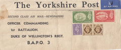 144001 CIRCA 1953 PARCEL LABEL AIRMAIL LEEDS TO 'B.A.P.O. 3' KGVI 3d, 1s x 2, 2/6 YELLOW-GREEN (SG509) AND 5s RED (SG510) ALL UNUSED.