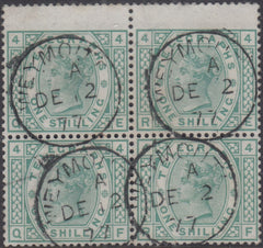 144012 1877 1s GREEN TELEGRAPH PL.4 (T8/L218) SUPERB USED BLOCK OF FOUR.