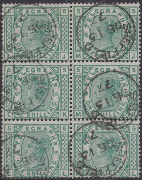 144013 1877 1s GREEN TELEGRAPH PL.5 (T8/L219) VERY FINE/SUPERB USED BLOCK OF SIX.