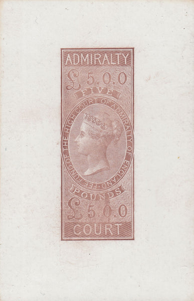144018 1855 '£5 ADMIRALTY COURT' DIE PROOF IN BROWN ON WHITE GLAZED CARD.