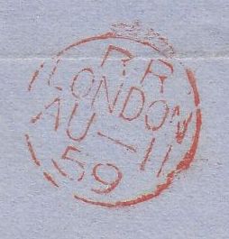 144019 1859 MAIL EXETER TO VICTORIA, AUSTRALIA DIE 2 1d (SG40) x SIX.