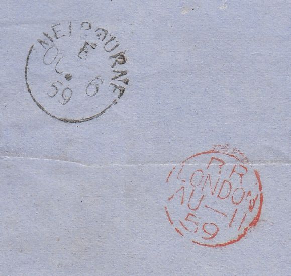 144019 1859 MAIL EXETER TO VICTORIA, AUSTRALIA DIE 2 1d (SG40) x SIX.