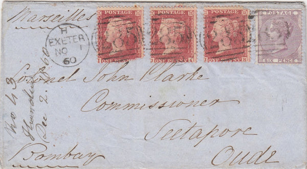 144020 1860 MAIL EXETER TO BOMBAY 1d (SG40) X 3, 6d LILAC (SG68), WAFER SEAL ON REVERSE.