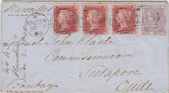 144020 1860 MAIL EXETER TO BOMBAY 1d (SG40) X 3, 6d LILAC (SG68), WAFER SEAL ON REVERSE.