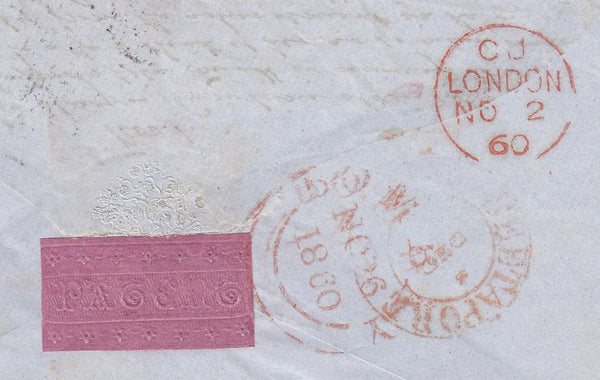 144020 1860 MAIL EXETER TO BOMBAY 1d (SG40) X 3, 6d LILAC (SG68), WAFER SEAL ON REVERSE.
