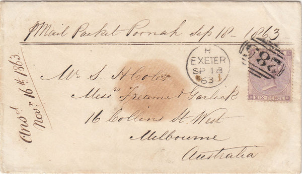 144021 1863 MAIL EXETER TO MELBOURNE, AUSTRALIA 6d LILAC (SG84).